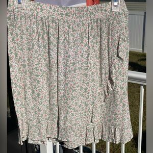 Hippie Rose Pale Green Floral Mini Skirt with Bottom Ruffle & Fake Wrap Ruffle